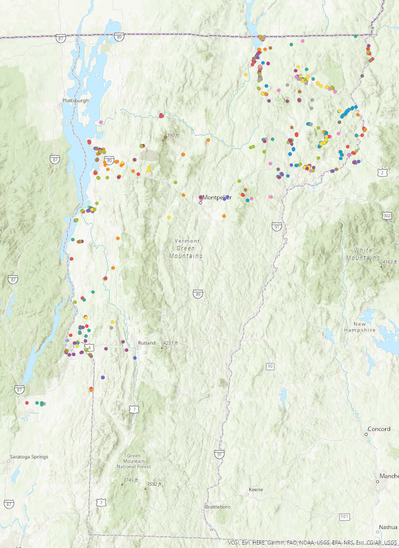 Map of project sites in the state of Vermont. Clustered mostly in the Northeast Kingdom and the Champlain Valley.