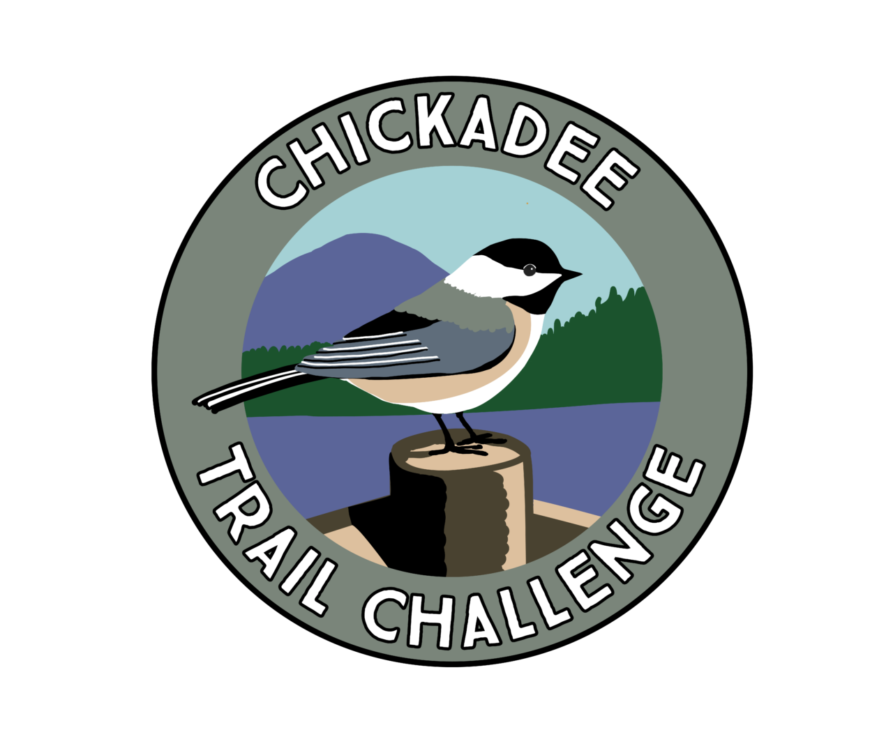 Graphic of the round Chickadee Challenge badge - with bird standing on post.